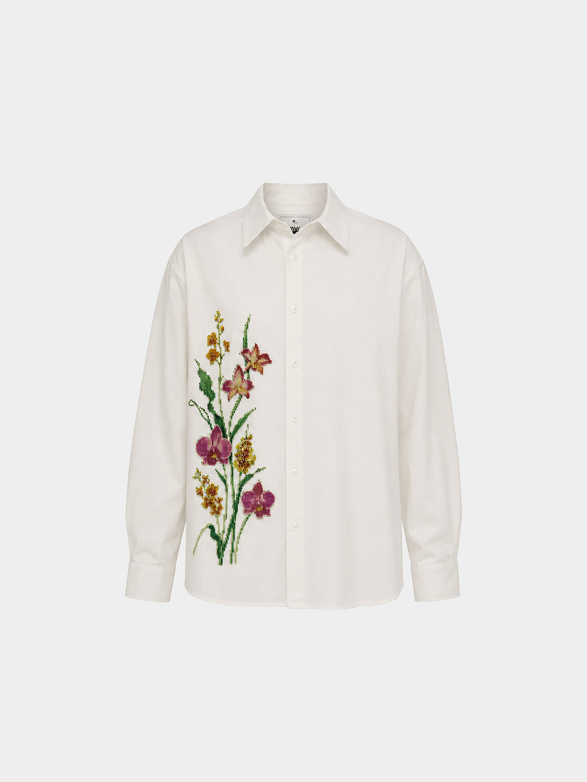 3D Flower White Cotton Shirt by Irina Voinea, white cotton twill with raised 3D floral print, studio image 2