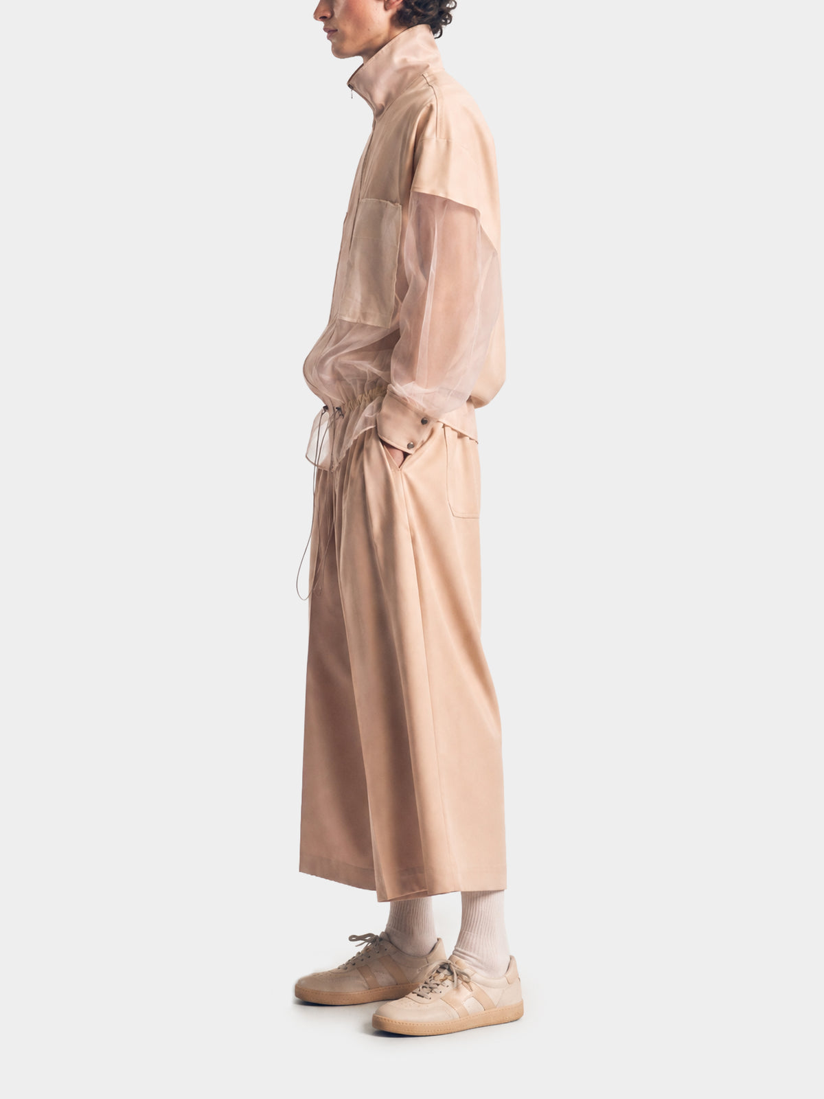 Aether Beige Wool Trousers by Irina Voinea, wide cropped wool trousers in beige, studio image 4