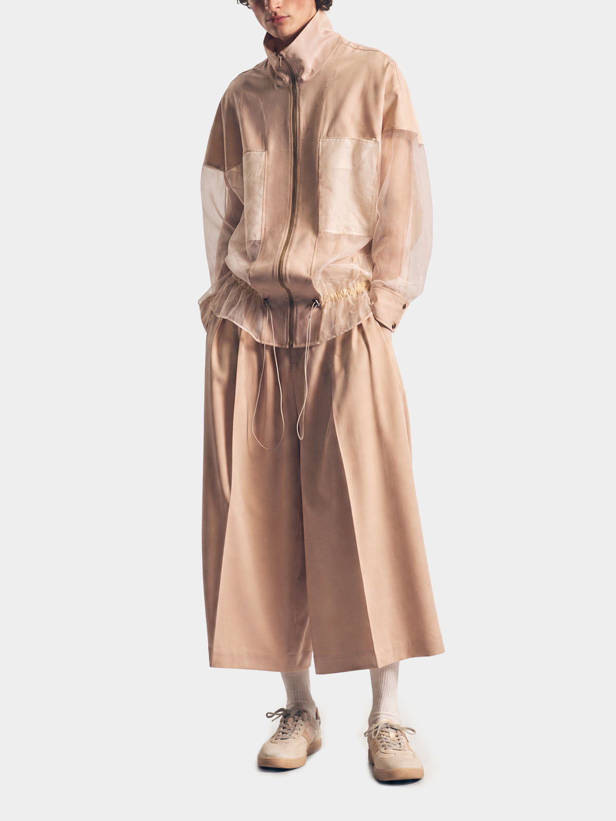 Aether Wool Organza Jacket by Irina Voinea, white wool and silk organza zip jacket, studio image 2