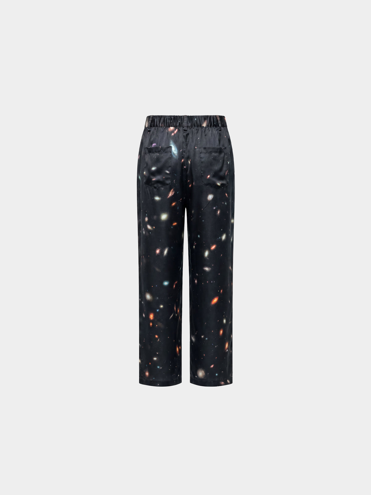 Cosmic Silk Trousers by Irina Voinea, printed silk satin straight leg trousers, studio image 2