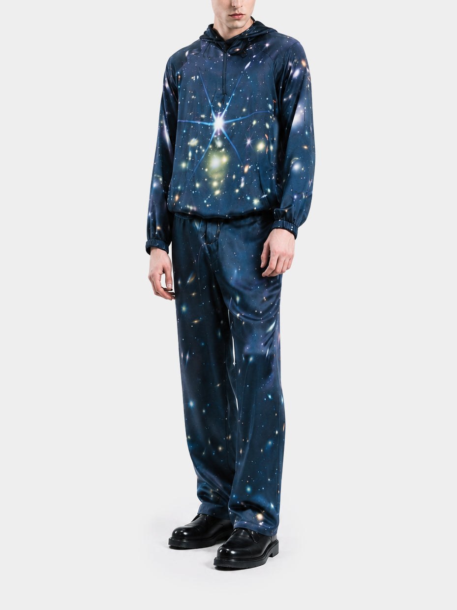 Cosmic Silk Trousers by Irina Voinea, printed silk satin straight leg trousers, studio image 4