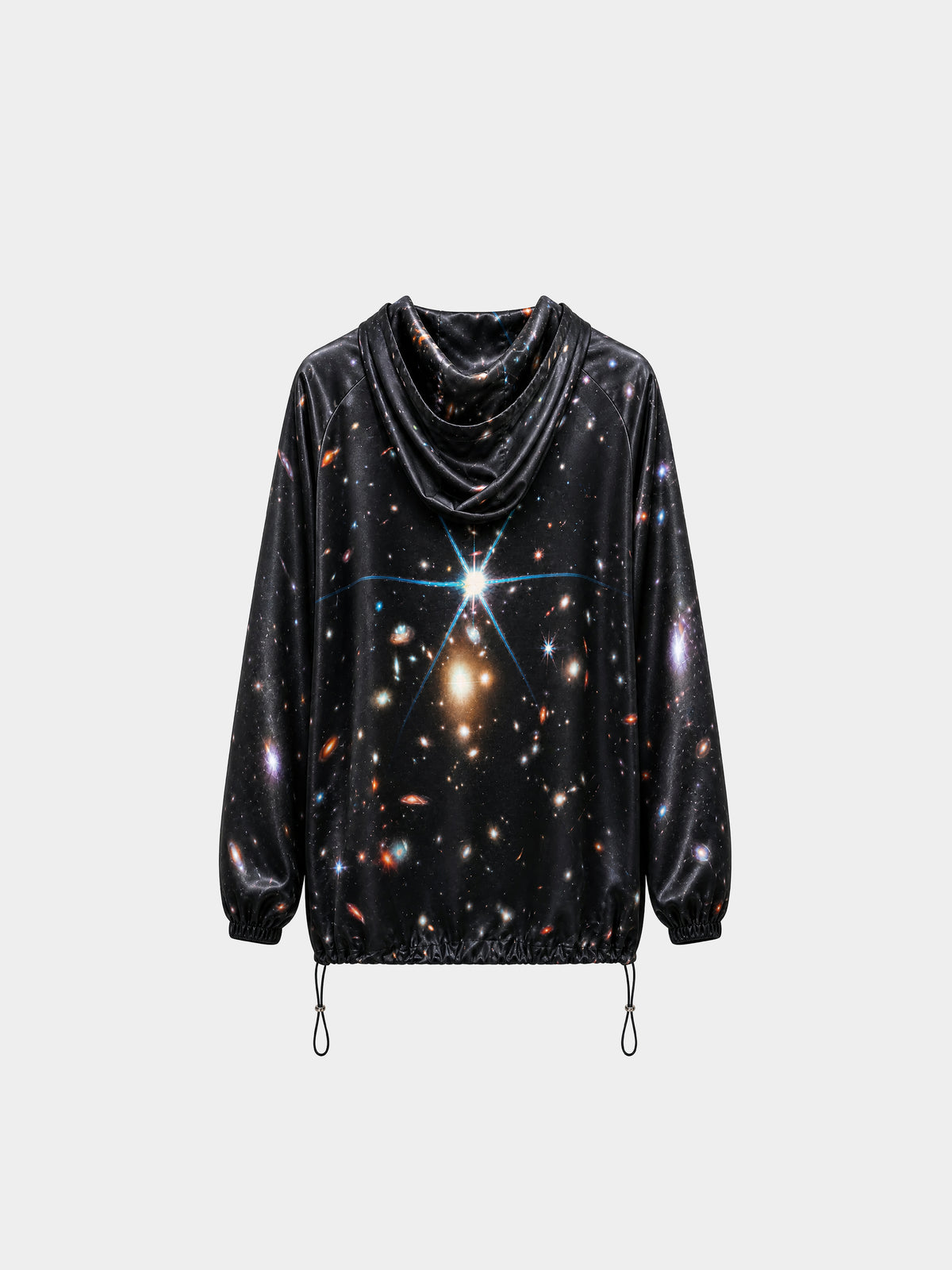 Cosmic Silk Windbreaker Hoodie by Irina Voinea, printed silk satin hooded windbreaker, studio image 1