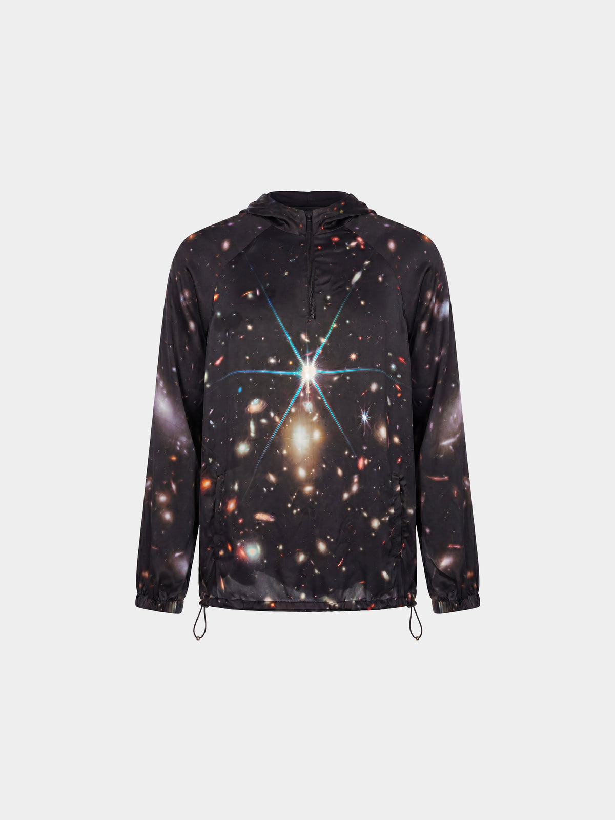 Cosmic Silk Windbreaker Hoodie by Irina Voinea, printed silk satin hooded windbreaker, studio image 2