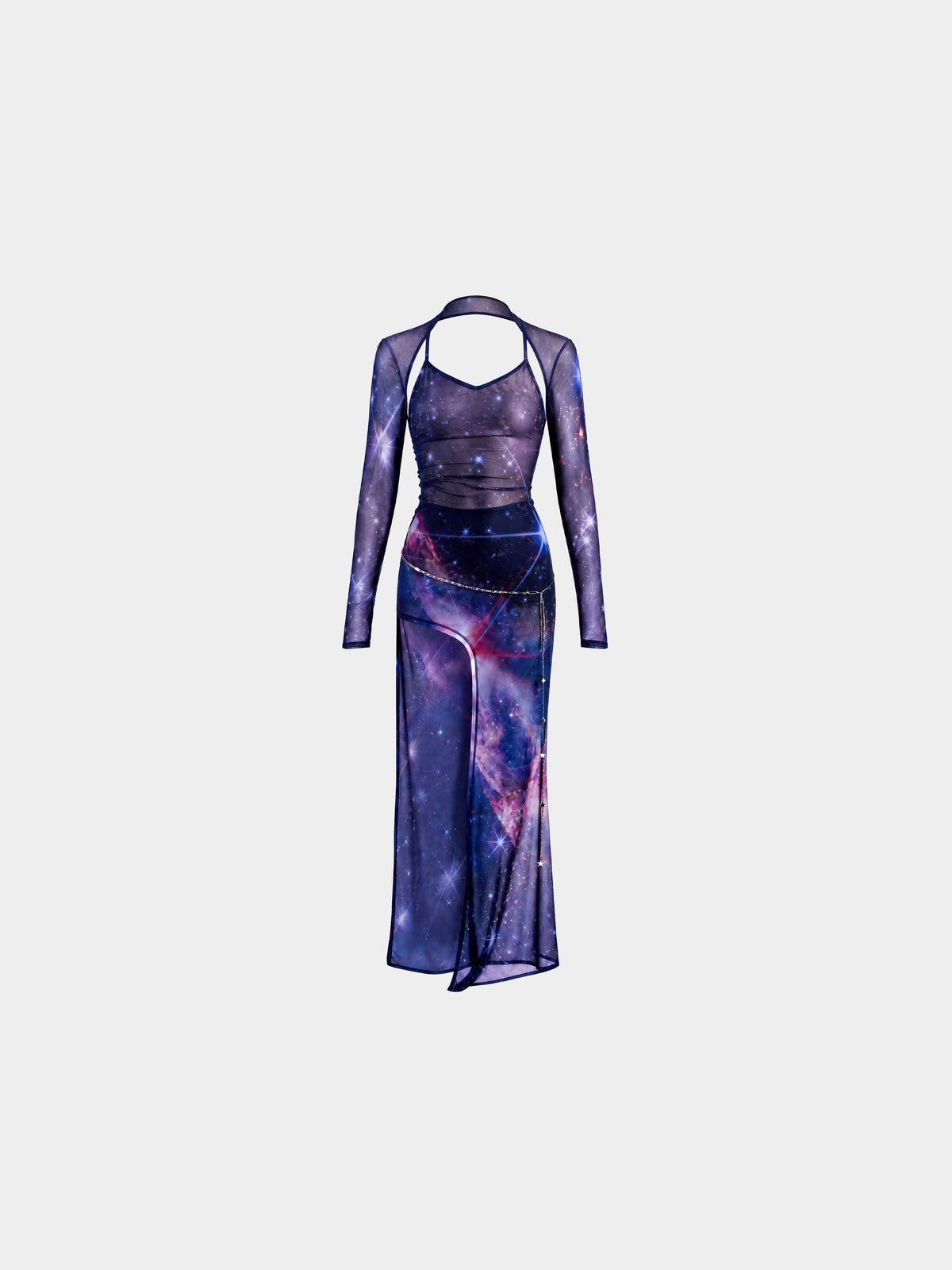 Cosmic Tull Dress by Irina Voinea, asymmetric tulle dress with detachable sleeves, studio image 1