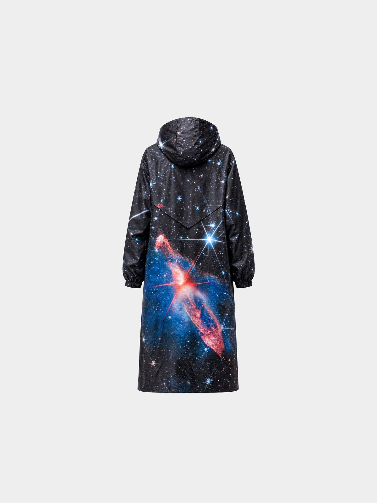 Cosmos Long Parka by Irina Voinea, long hooded waterproof parka with deep space print, studio image 2