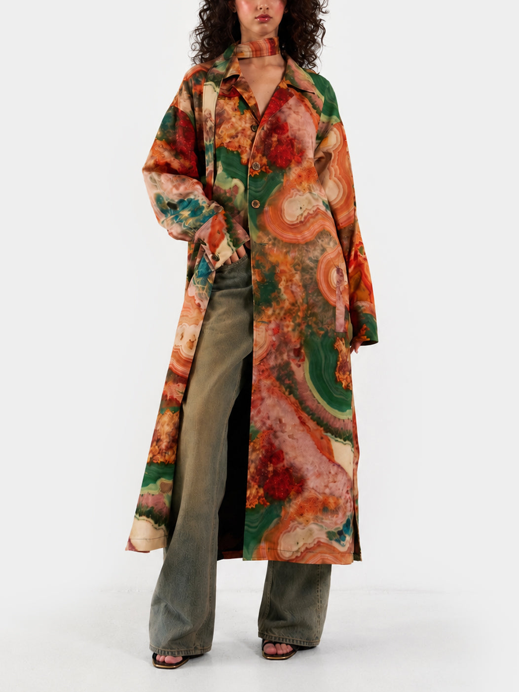 Earth Cotton Trench Coat by Irina Voinea, printed cotton twill trench with metal buttons, studio image 1