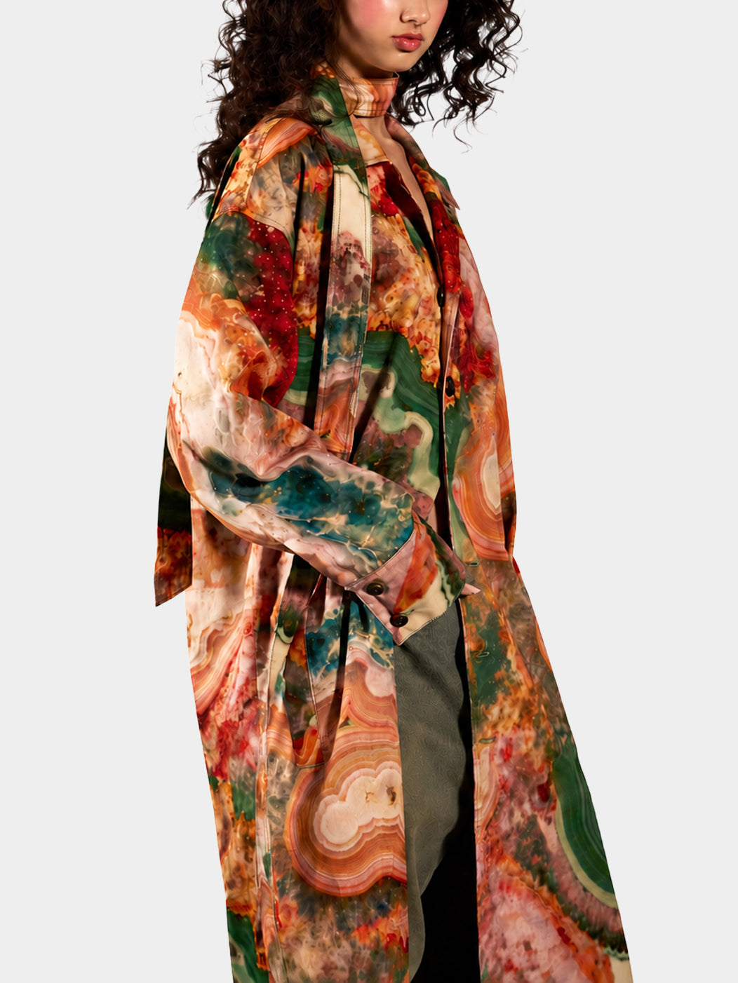 Earth Cotton Trench Coat by Irina Voinea, printed cotton twill trench with metal buttons, studio image 2