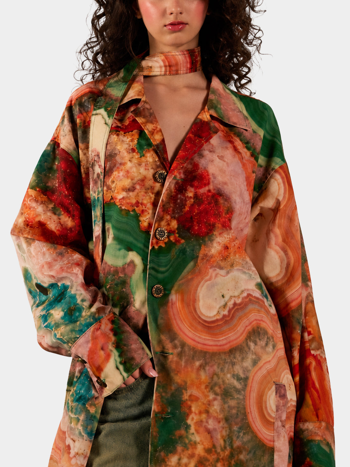 Earth Cotton Trench Coat by Irina Voinea, printed cotton twill trench with metal buttons, studio image 4