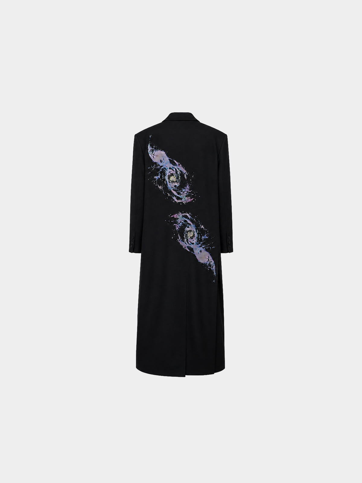 Galaxies Wool Long Coat by Irina Voinea, oversized wool coat with 3D printed galaxy motif, studio image 2