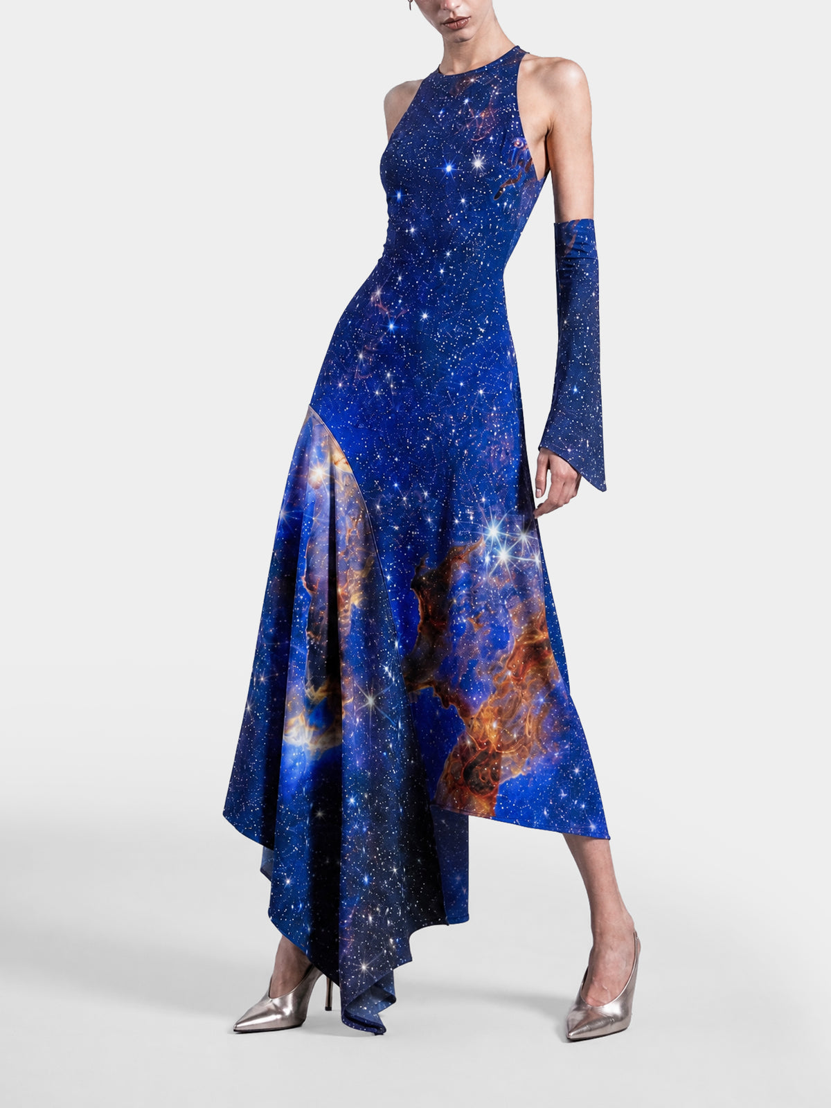 Galaxy Dress by Irina Voinea, printed stretch dress with asymmetric flounce, studio image 2