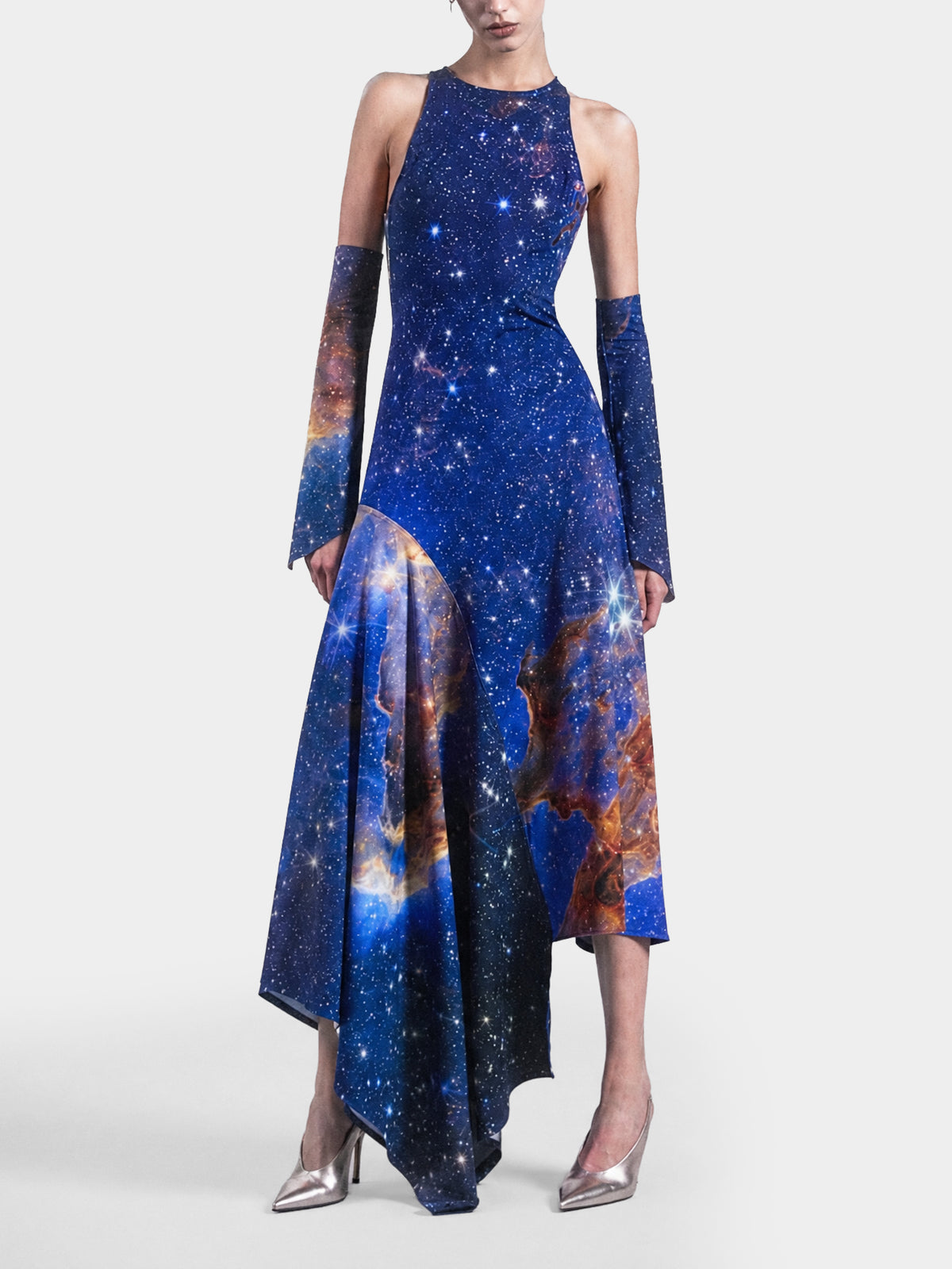 Galaxy Dress by Irina Voinea, printed stretch dress with asymmetric flounce, studio image 4