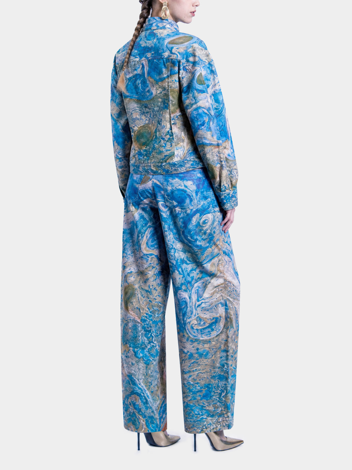 Jupiter Denim Jacket by Irina Voinea, fitted cotton denim jacket with oversized shoulders and Jupiter print, studio image 4