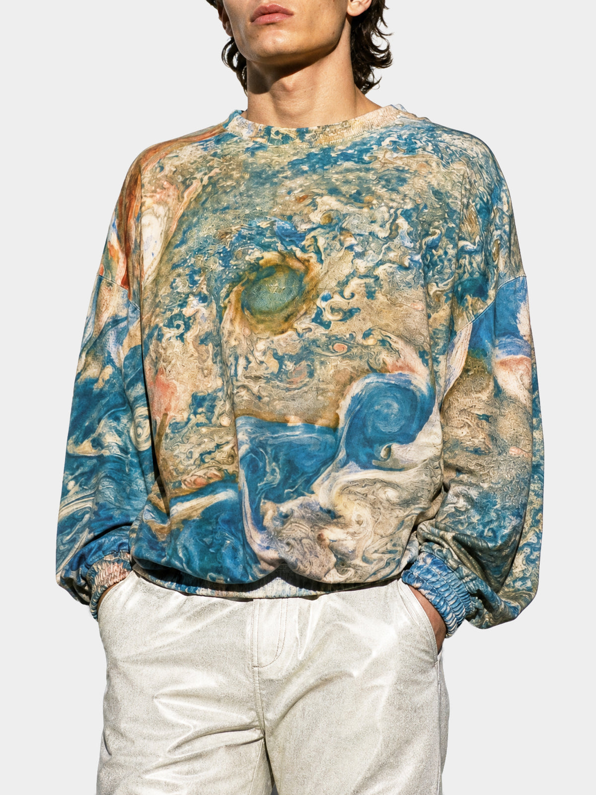 Jupiter Jumper by Irina Voinea, printed cotton long sleeved top with Jupiter motif, studio image 3