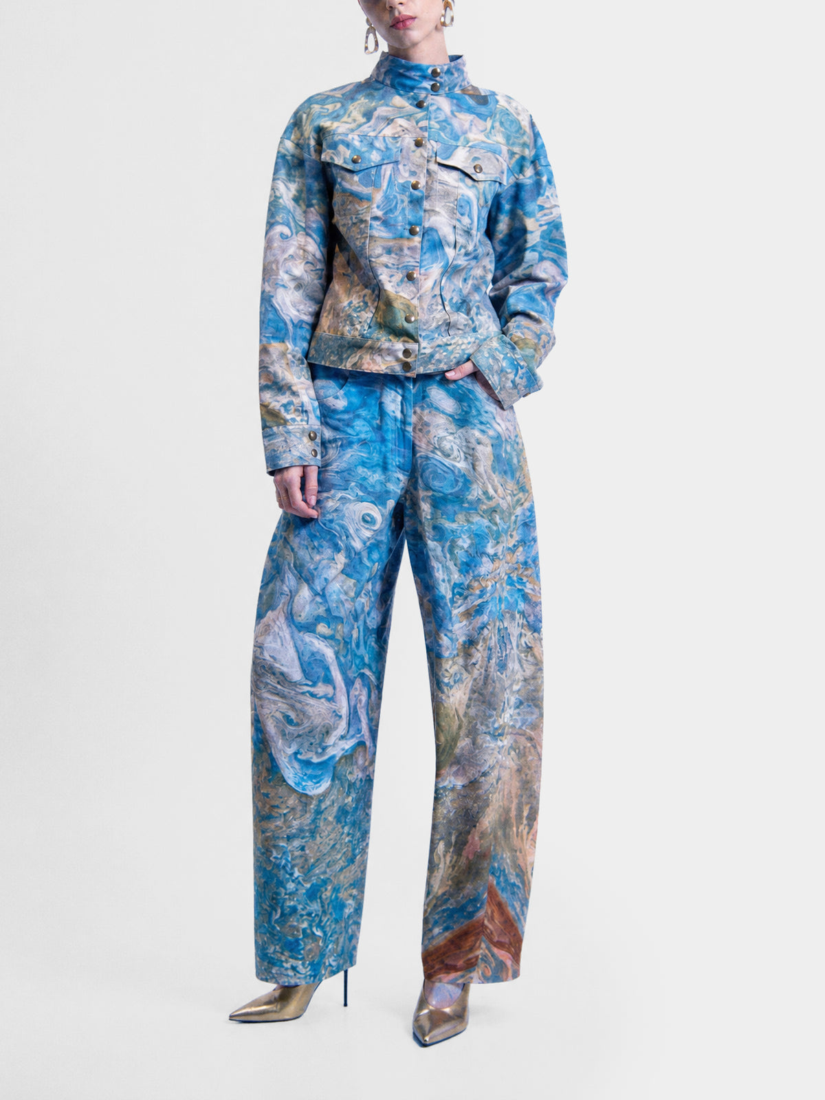 Jupiter Denim Trousers by Irina Voinea, printed cotton twill balloon leg trousers, studio image 2