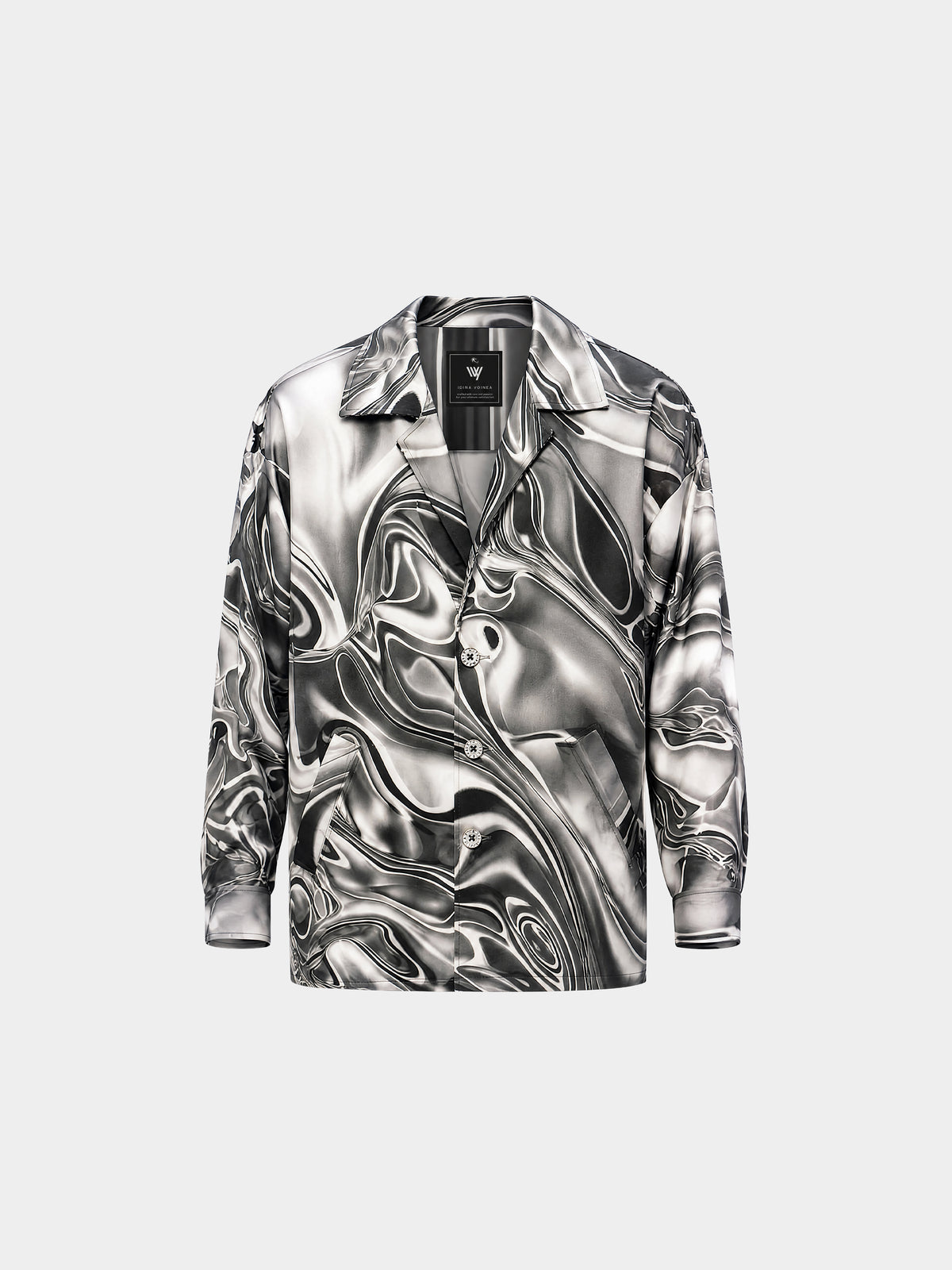 Metal Liquid Silver Denim Jacket by Irina Voinea, printed cotton twill overshirt with liquid metal motif, studio image 3