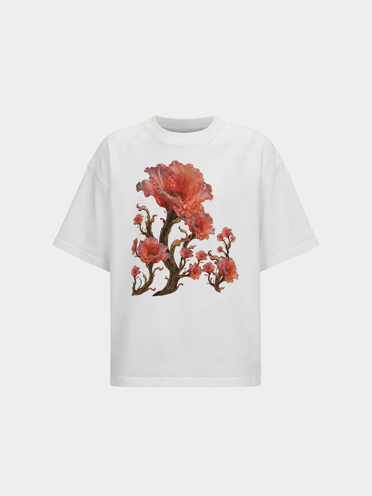 Origin Flower Organic Cotton T-shirt by Irina Voinea, oversized organic cotton t-shirt with digital flower print, studio image 1
