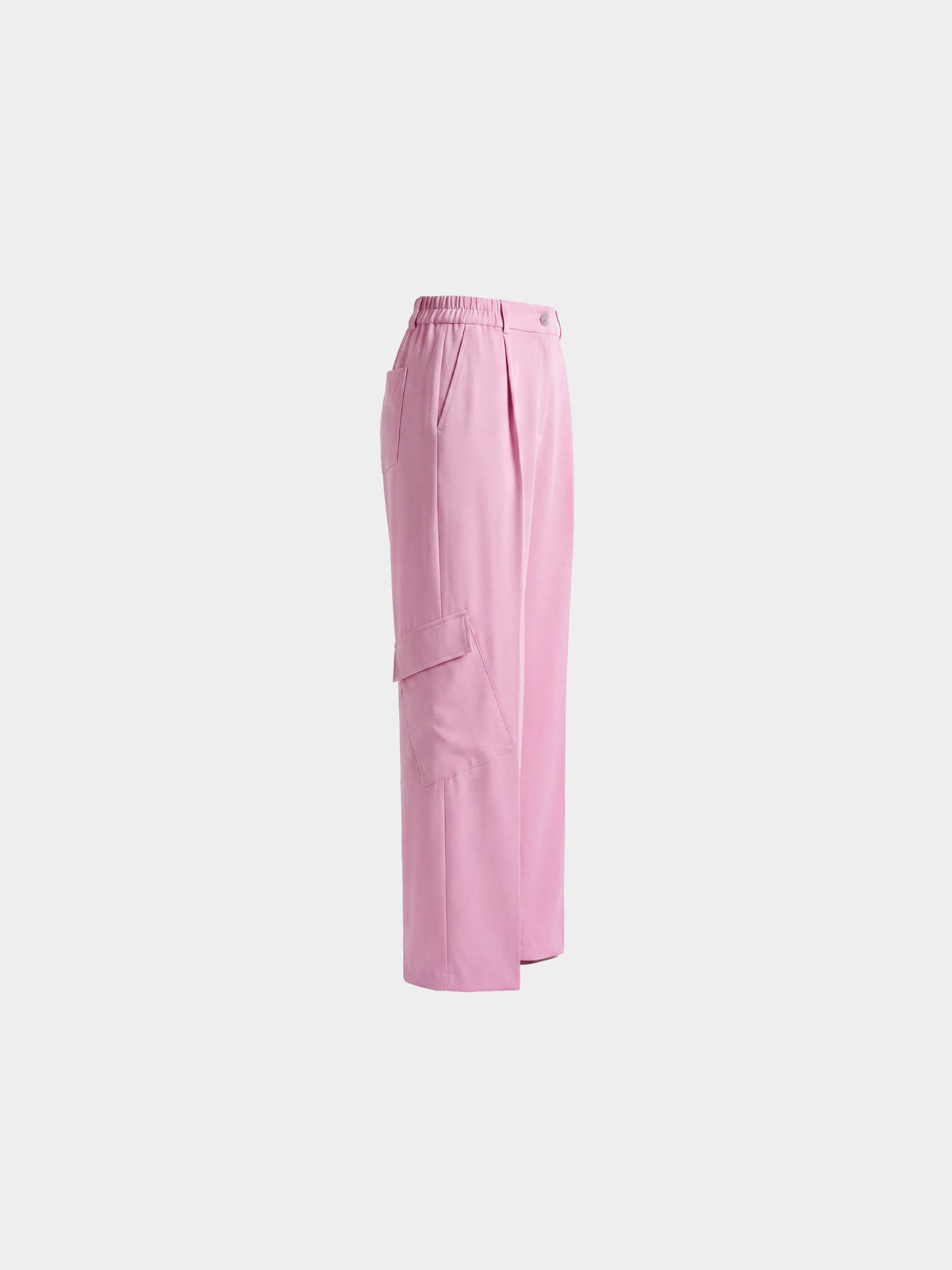 Ivy Pink Wool Cargo Trousers by Irina Voinea, tailored wool cargo trousers in pink with angled applied pockets, studio image 2