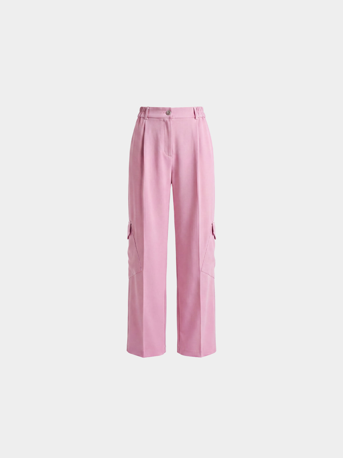 Ivy Pink Wool Cargo Trousers by Irina Voinea, tailored wool cargo trousers in pink with angled applied pockets, studio image 3