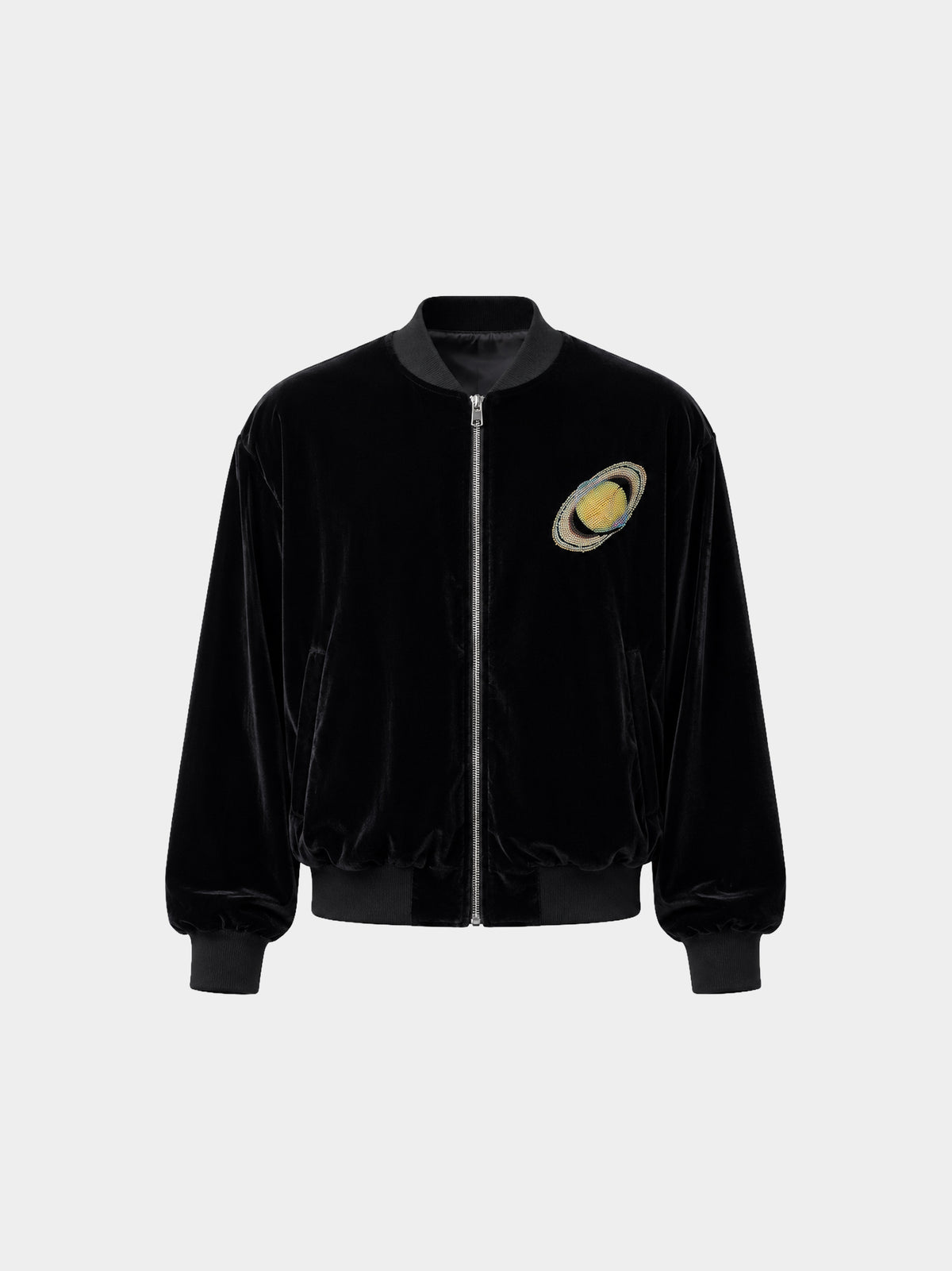 Saturn Velvet Bomber Jacket by Irina Voinea, cotton velvet bomber with 3D printed Saturn and Jupiter motif, studio image 3