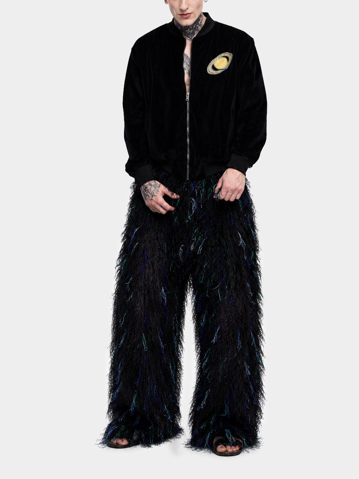 Saturn Velvet Bomber Jacket by Irina Voinea, cotton velvet bomber with 3D printed Saturn and Jupiter motif, studio image 6
