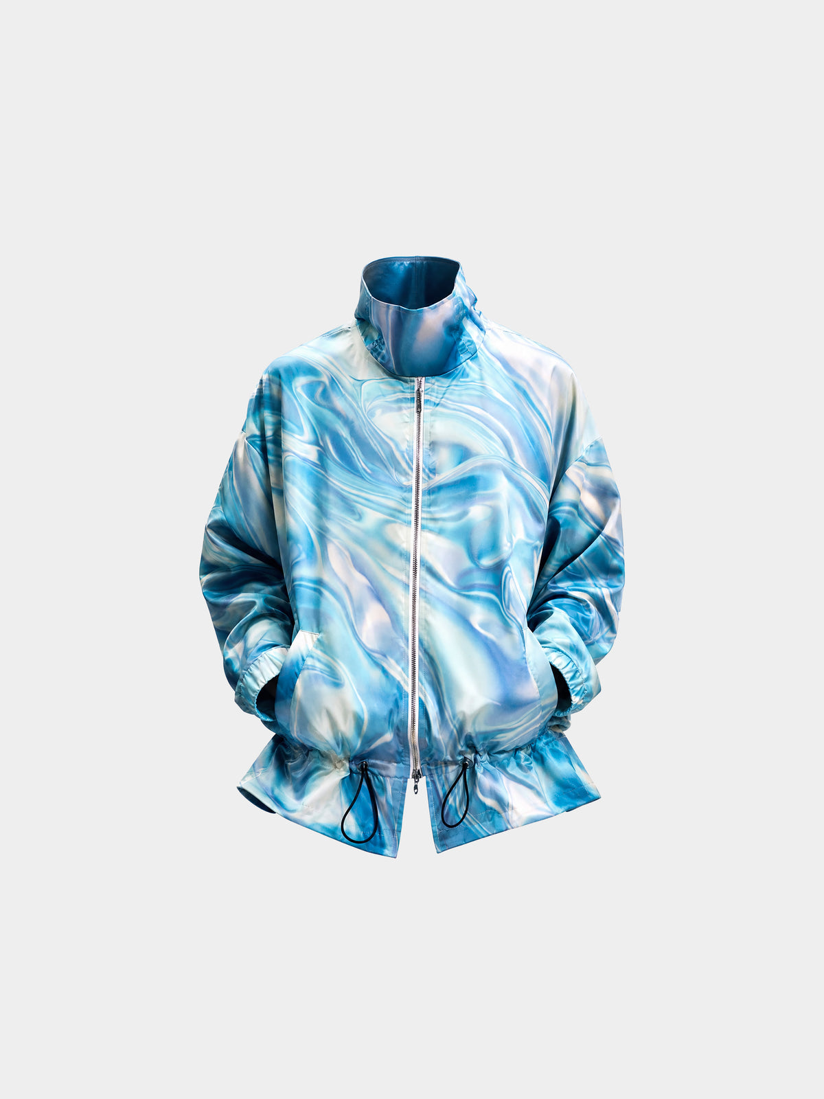Water Turquoise Windbreaker by Irina Voinea, turquoise windbreaker with high collar and oversized zip, studio image 1