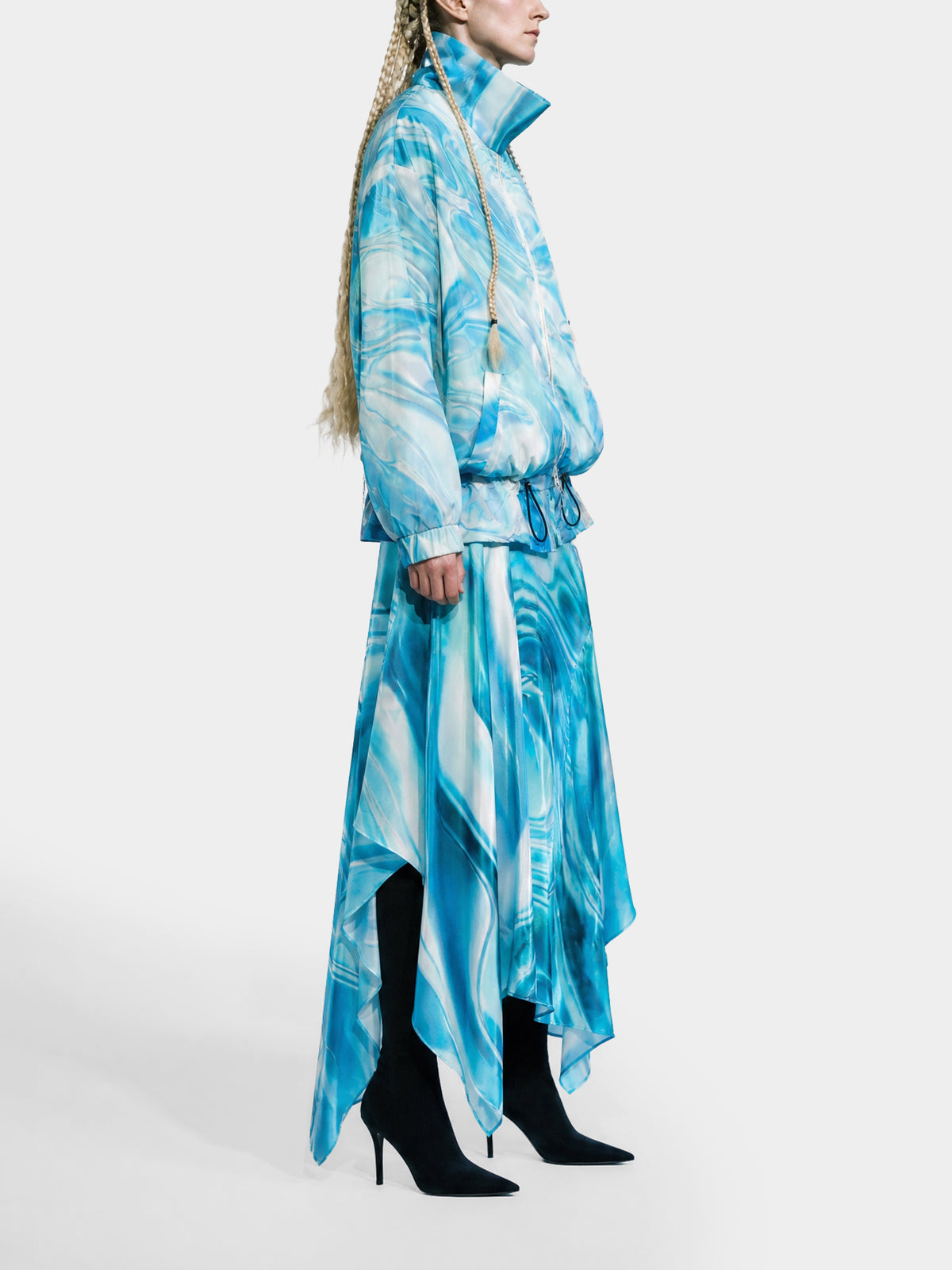 Water Turquoise Windbreaker by Irina Voinea, turquoise windbreaker with high collar and oversized zip, studio image 3