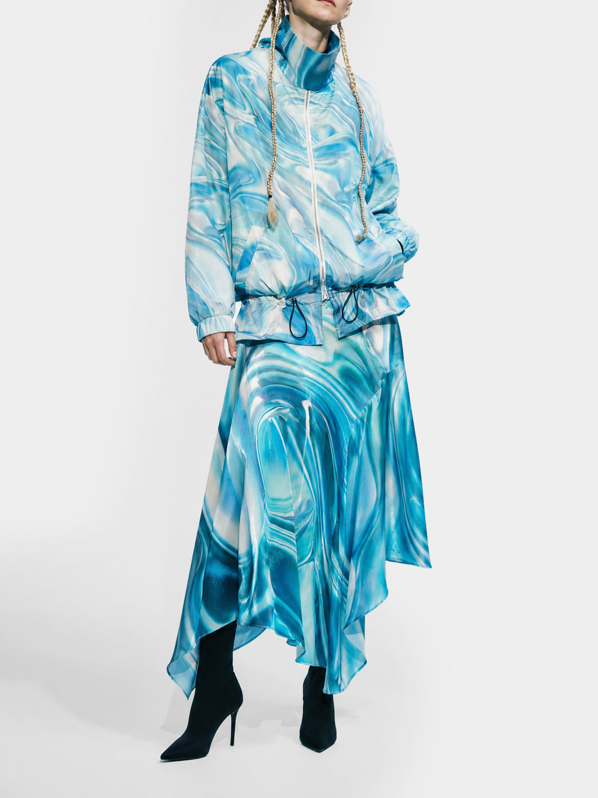 Water Turquoise Windbreaker by Irina Voinea, turquoise windbreaker with high collar and oversized zip, studio image 4