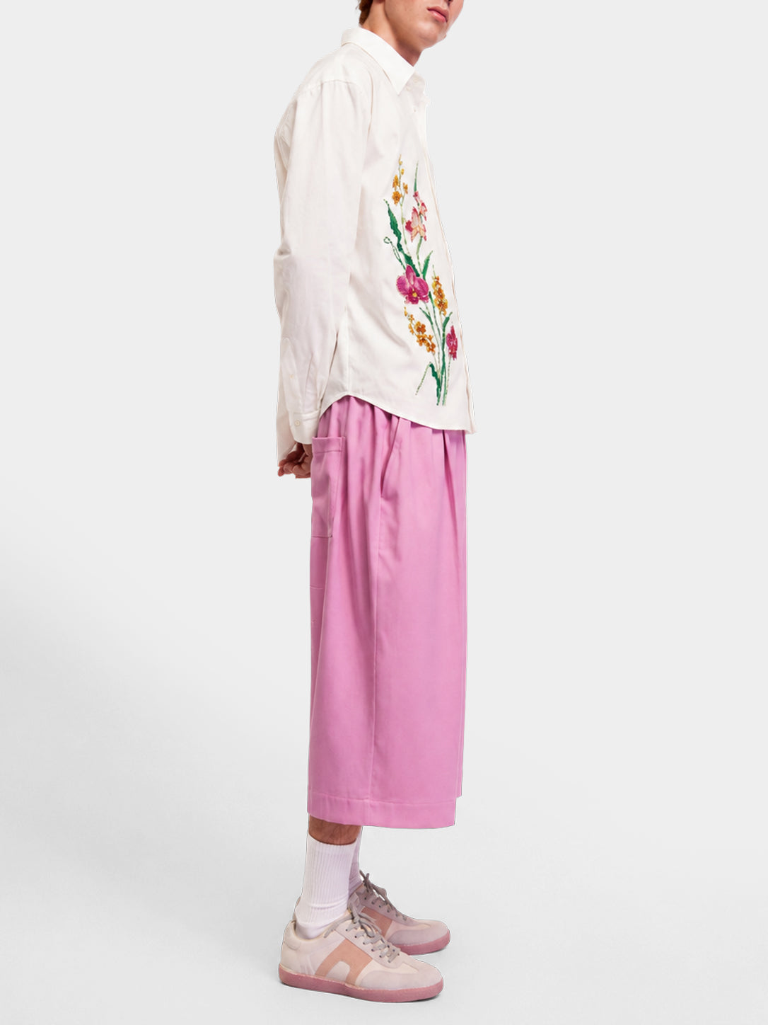 3D Flower White Cotton Shirt by Irina Voinea, white cotton twill with raised 3D floral print, studio image 3