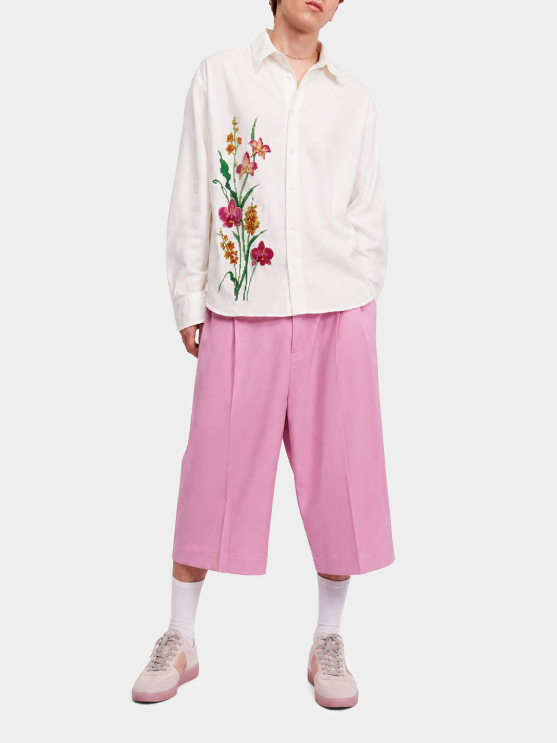 3D Flower White Cotton Shirt by Irina Voinea, white cotton twill with raised 3D floral print, studio image 4
