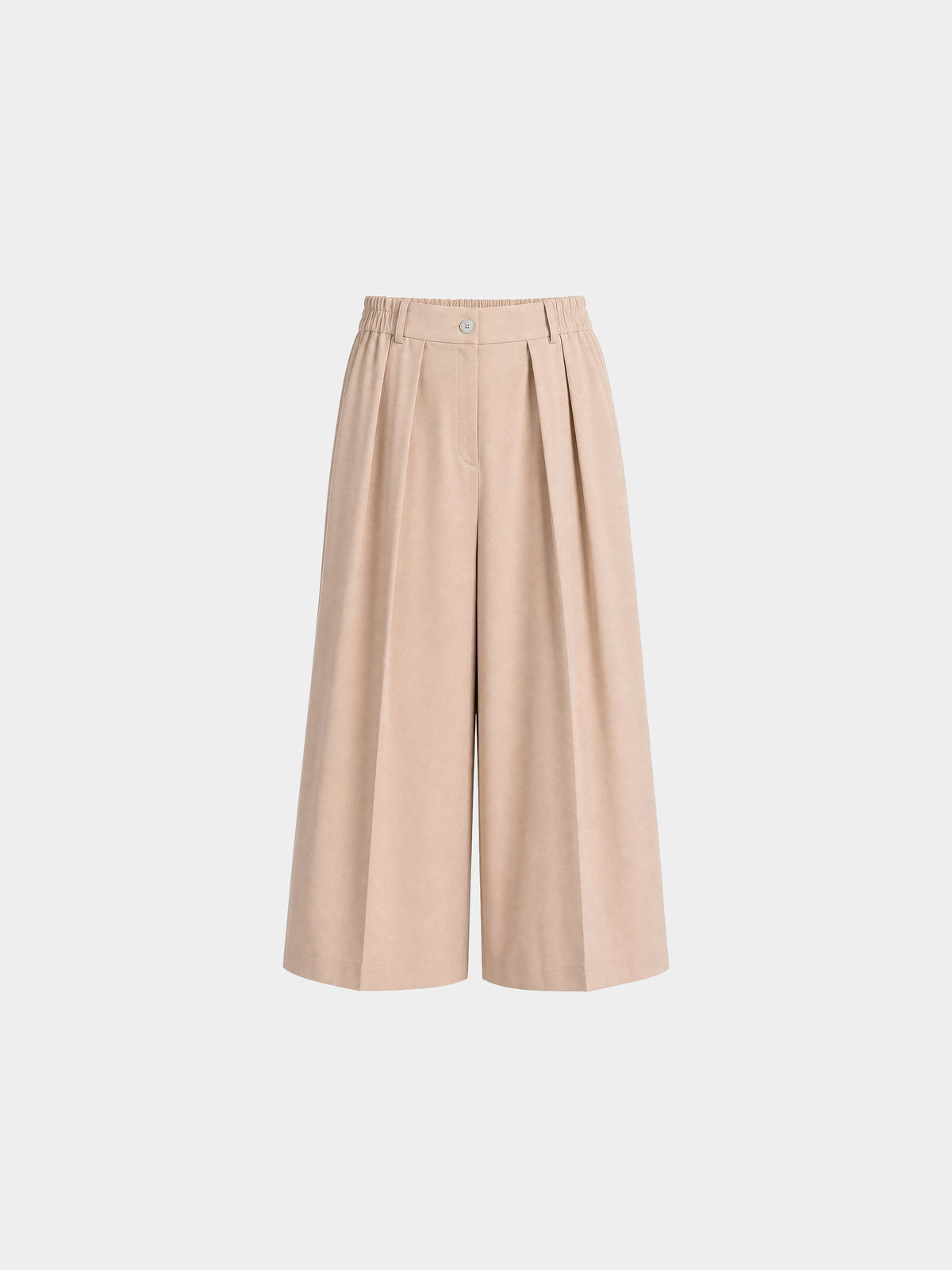 Aether Beige Wool Trousers by Irina Voinea, wide cropped wool trousers in beige, studio image 1