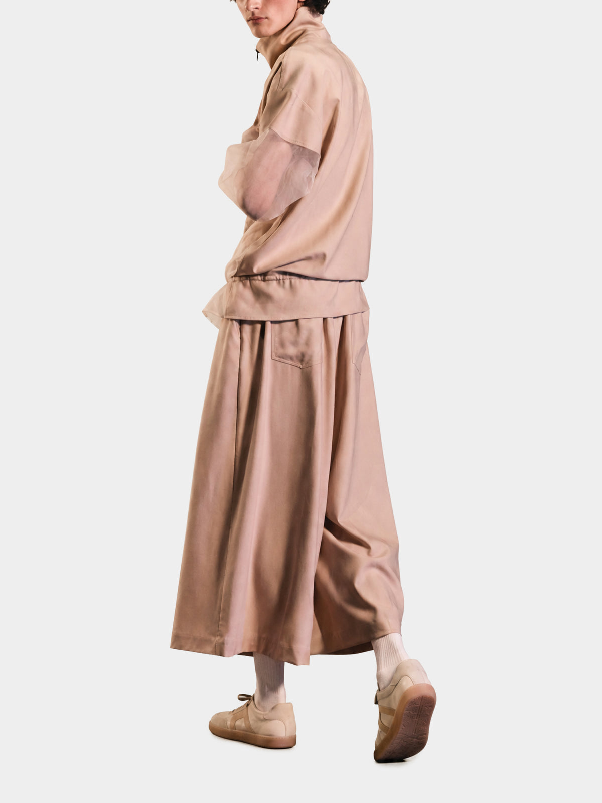 Aether Beige Wool Trousers by Irina Voinea, wide cropped wool trousers in beige, studio image 3