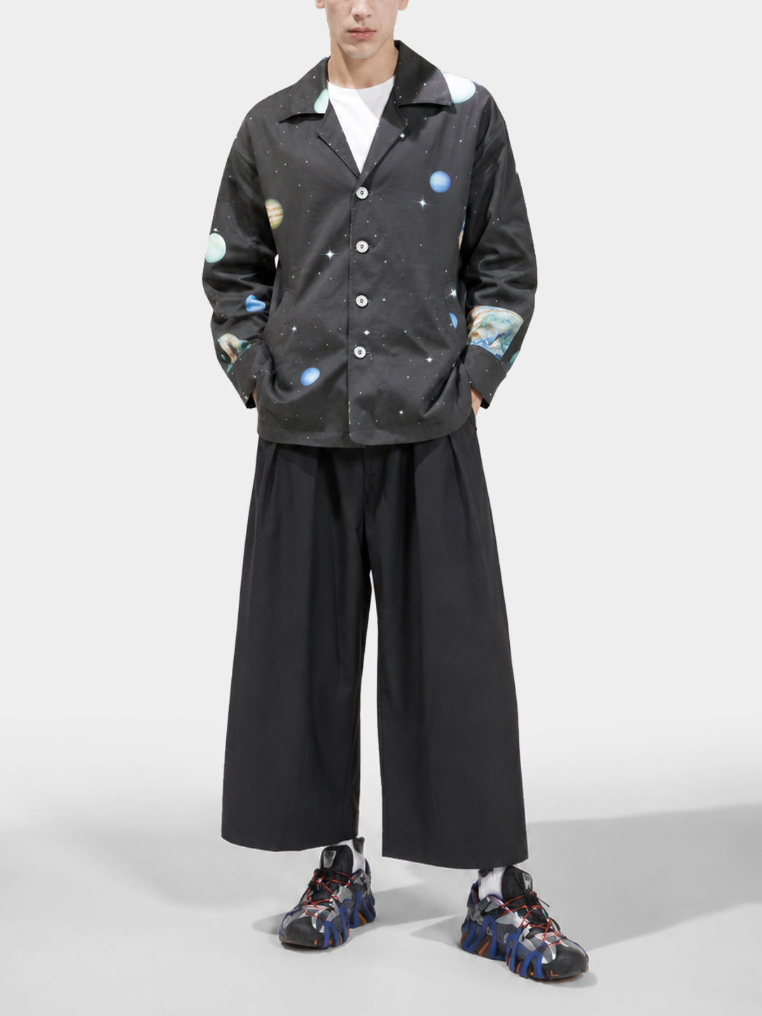 Aether Black Wool Trousers by Irina Voinea, wide cropped wool trousers in black, studio image 1