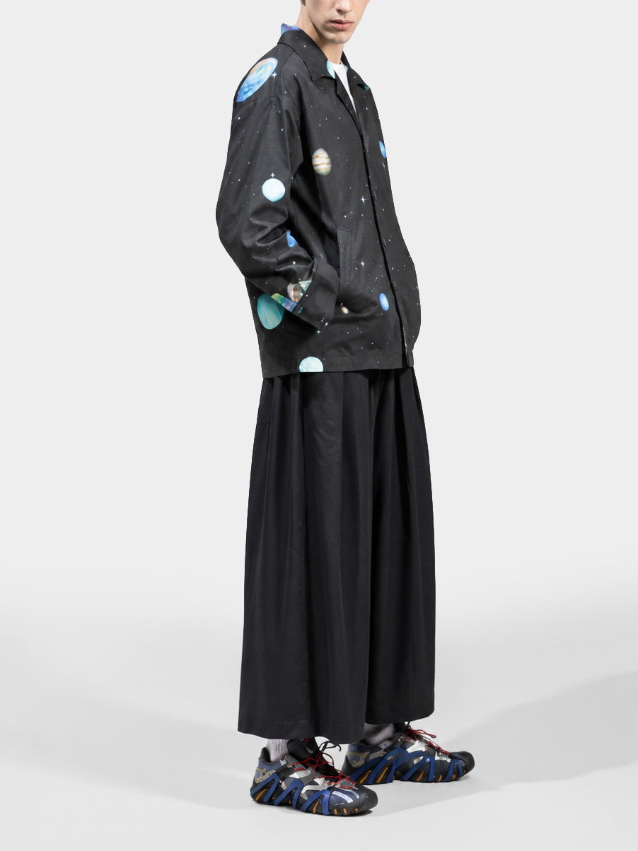 Aether Black Wool Trousers by Irina Voinea, wide cropped wool trousers in black, studio image 2