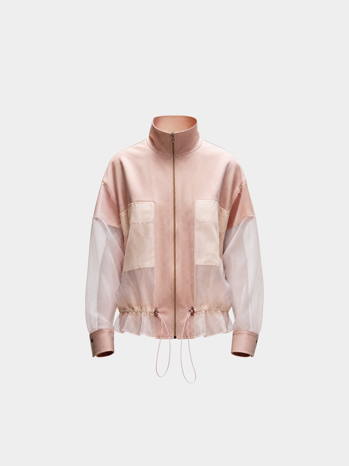 Aether Wool Organza Jacket by Irina Voinea, white wool and silk organza zip jacket, studio image 1