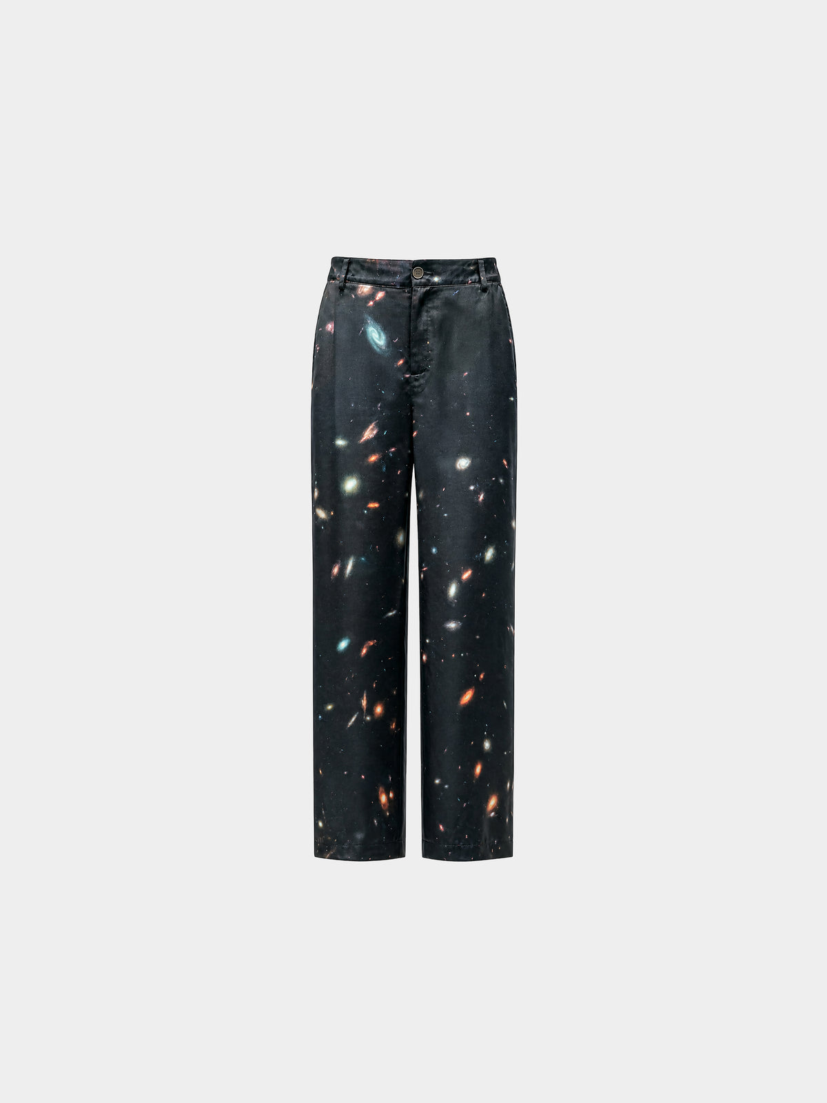 Cosmic Silk Trousers by Irina Voinea, printed silk satin straight leg trousers, studio image 1