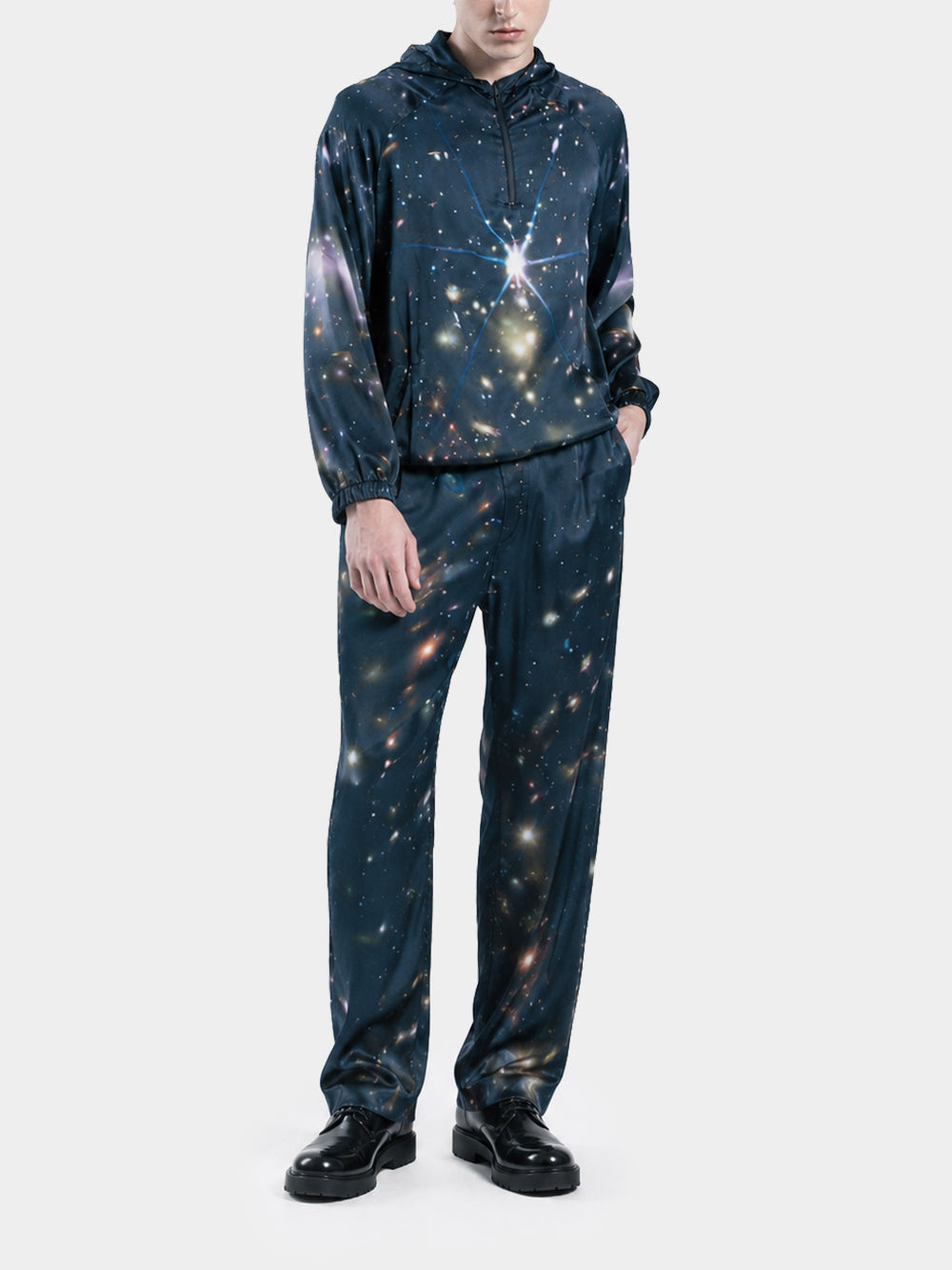 Cosmic Silk Trousers by Irina Voinea, printed silk satin straight leg trousers, studio image 3