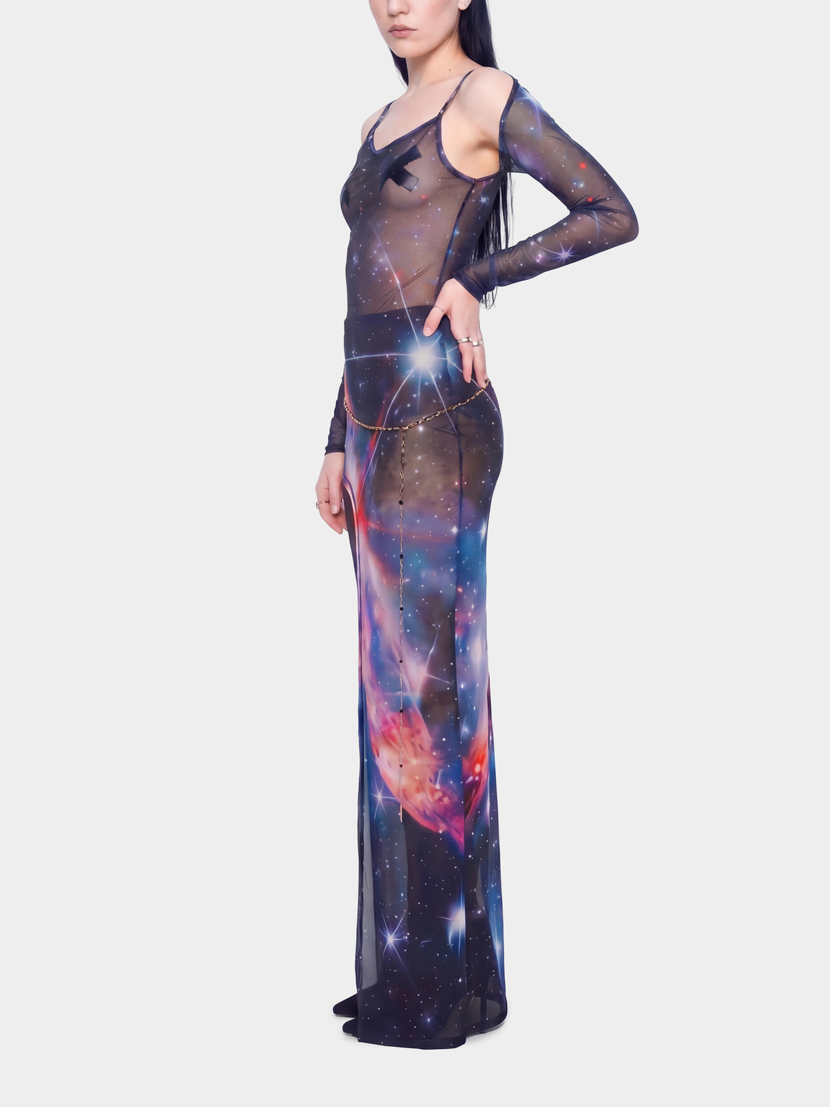 Cosmic Tull Dress by Irina Voinea, asymmetric tulle dress with detachable sleeves, studio image 3
