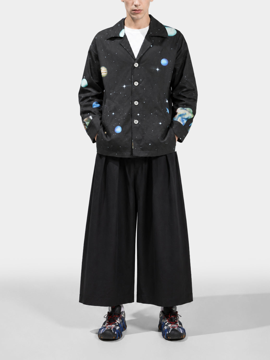 Cosmos Denim Jacket by Irina Voinea, printed cotton twill overshirt with deep space motif, studio image 3