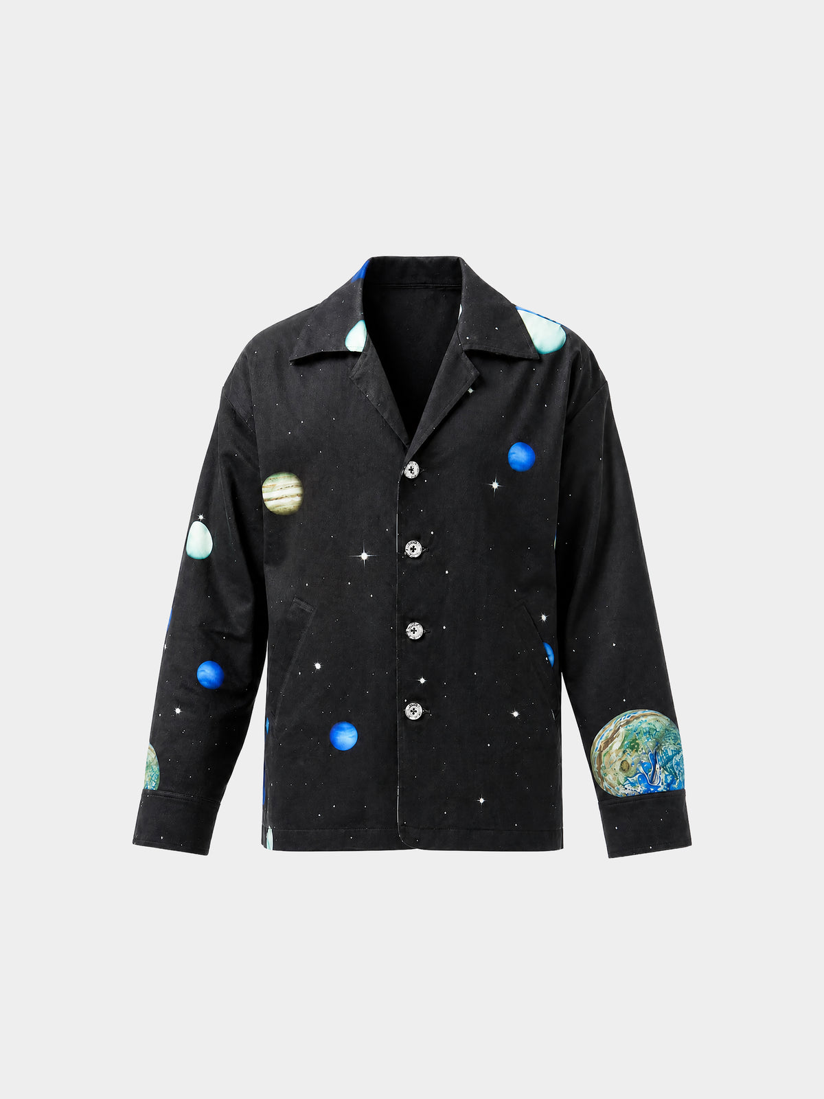 Cosmos Denim Jacket by Irina Voinea, printed cotton twill overshirt with deep space motif, studio image 4