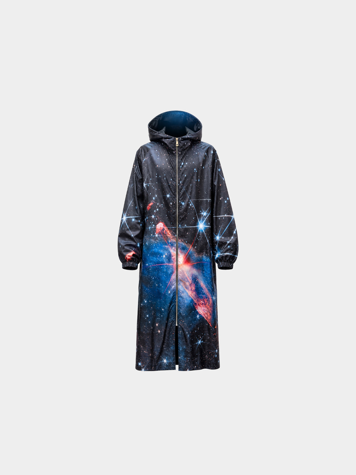Cosmos Long Parka by Irina Voinea, long hooded waterproof parka with deep space print, studio image 3