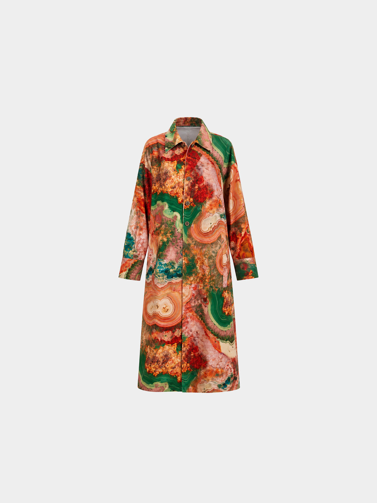 Earth Cotton Trench Coat by Irina Voinea, printed cotton twill trench with metal buttons, studio image 3