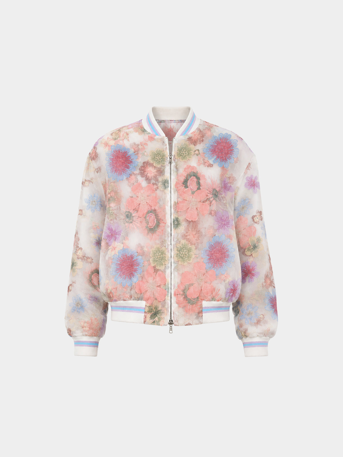 Flower Silk Organza Bomber by Irina Voinea, silk organza bomber with raised 3D cotton flower lace, studio image 1