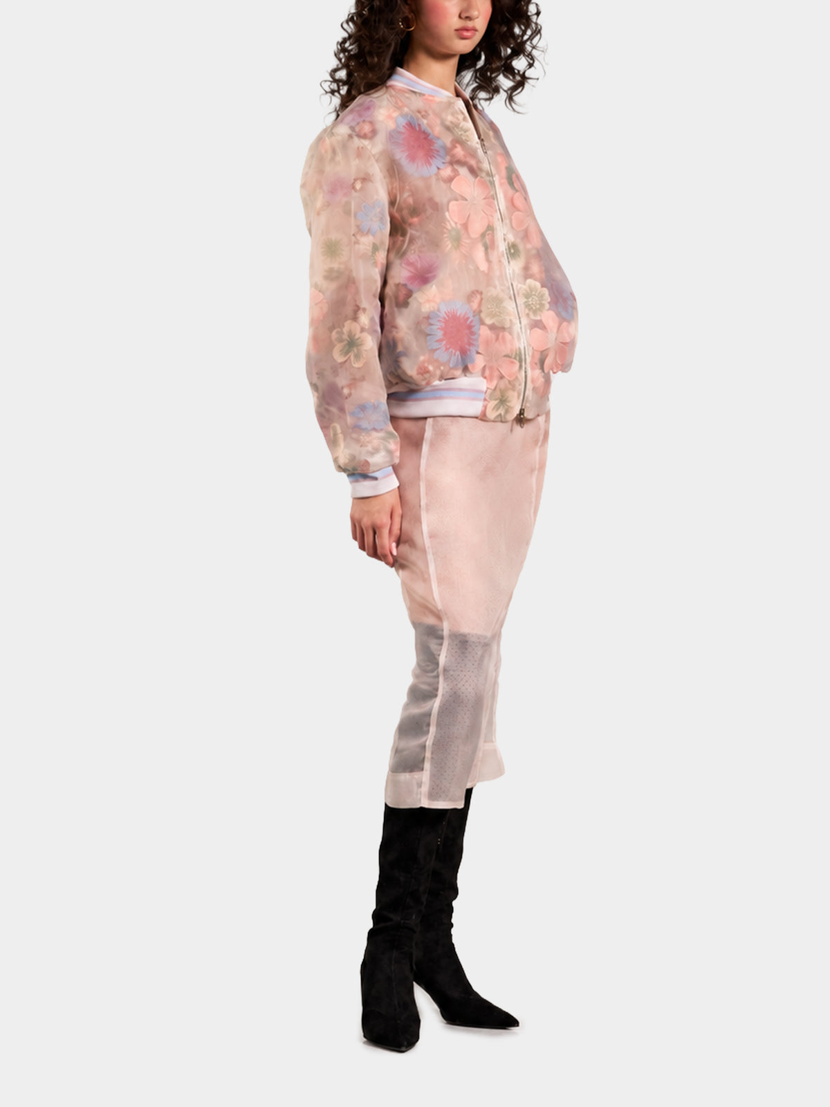 Flower Silk Organza Bomber by Irina Voinea, silk organza bomber with raised 3D cotton flower lace, studio image 2