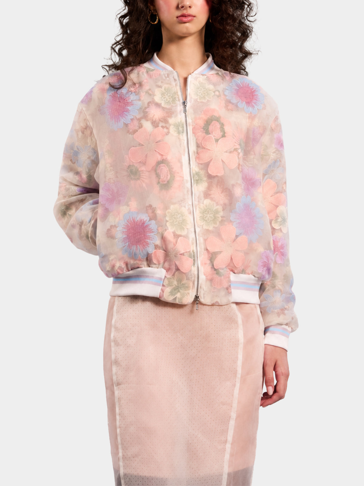 Flower Silk Organza Bomber by Irina Voinea, silk organza bomber with raised 3D cotton flower lace, studio image 3