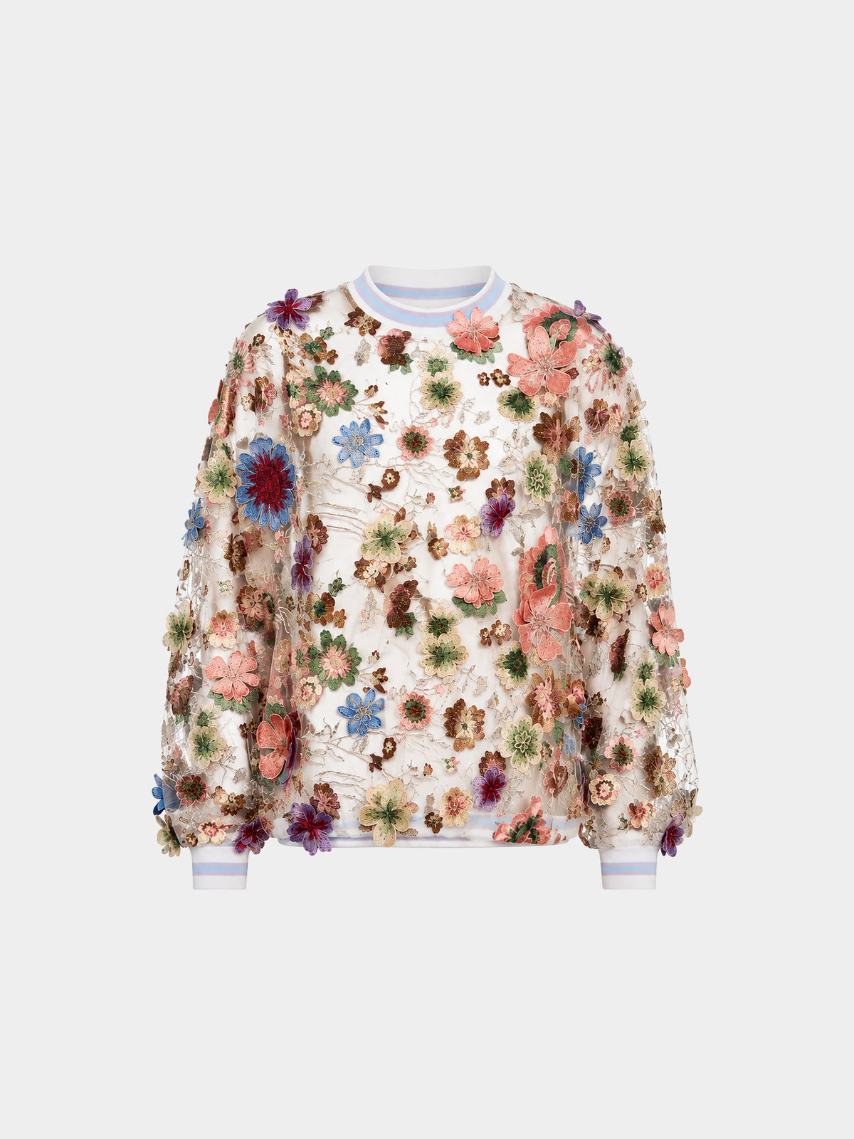Flower Cotton Lace Jumper by Irina Voinea, long sleeved top in 3D cotton flower lace, studio image