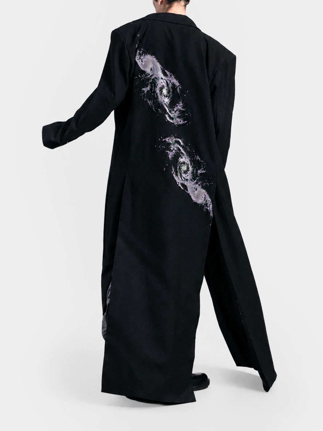 Galaxies Wool Long Coat by Irina Voinea, oversized wool coat with 3D printed galaxy motif, studio image 4