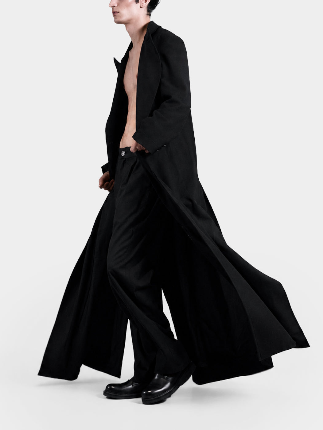Galaxies Wool Long Coat by Irina Voinea, oversized wool coat with 3D printed galaxy motif, studio image 5
