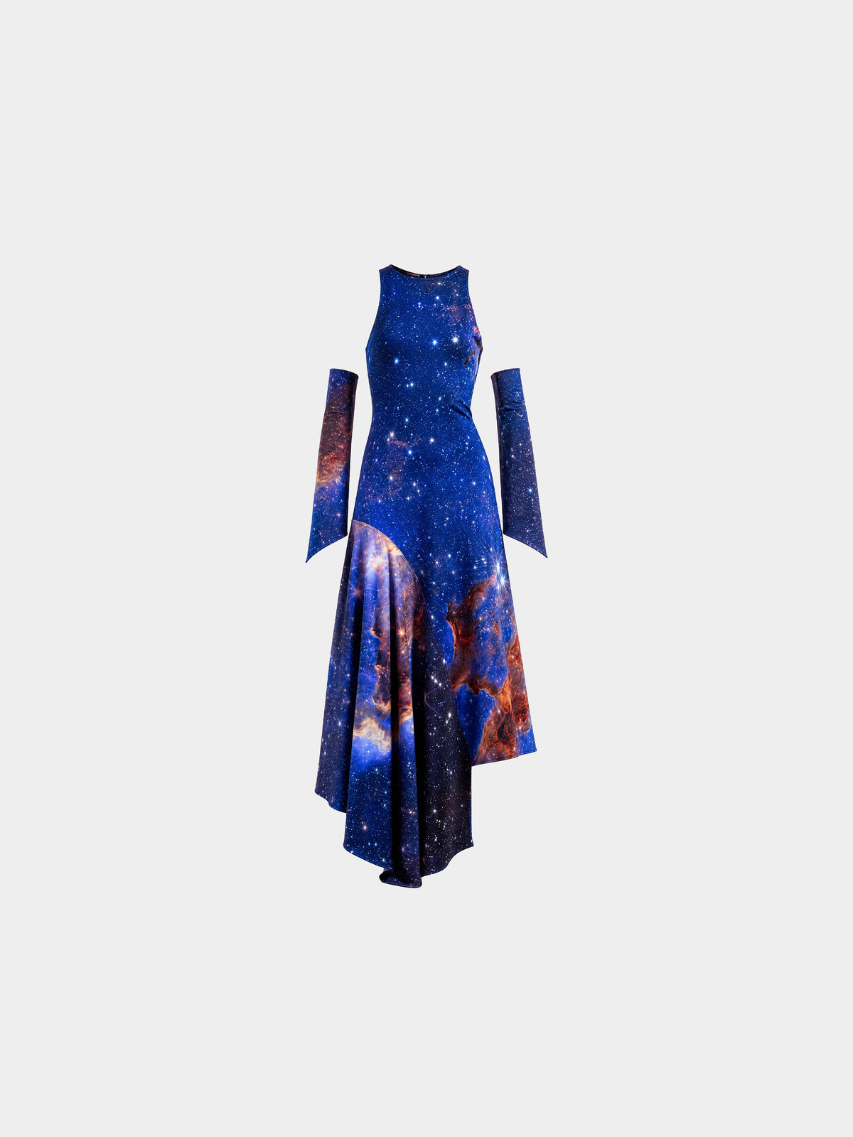 Galaxy Dress by Irina Voinea, printed stretch dress with asymmetric flounce, studio image 1