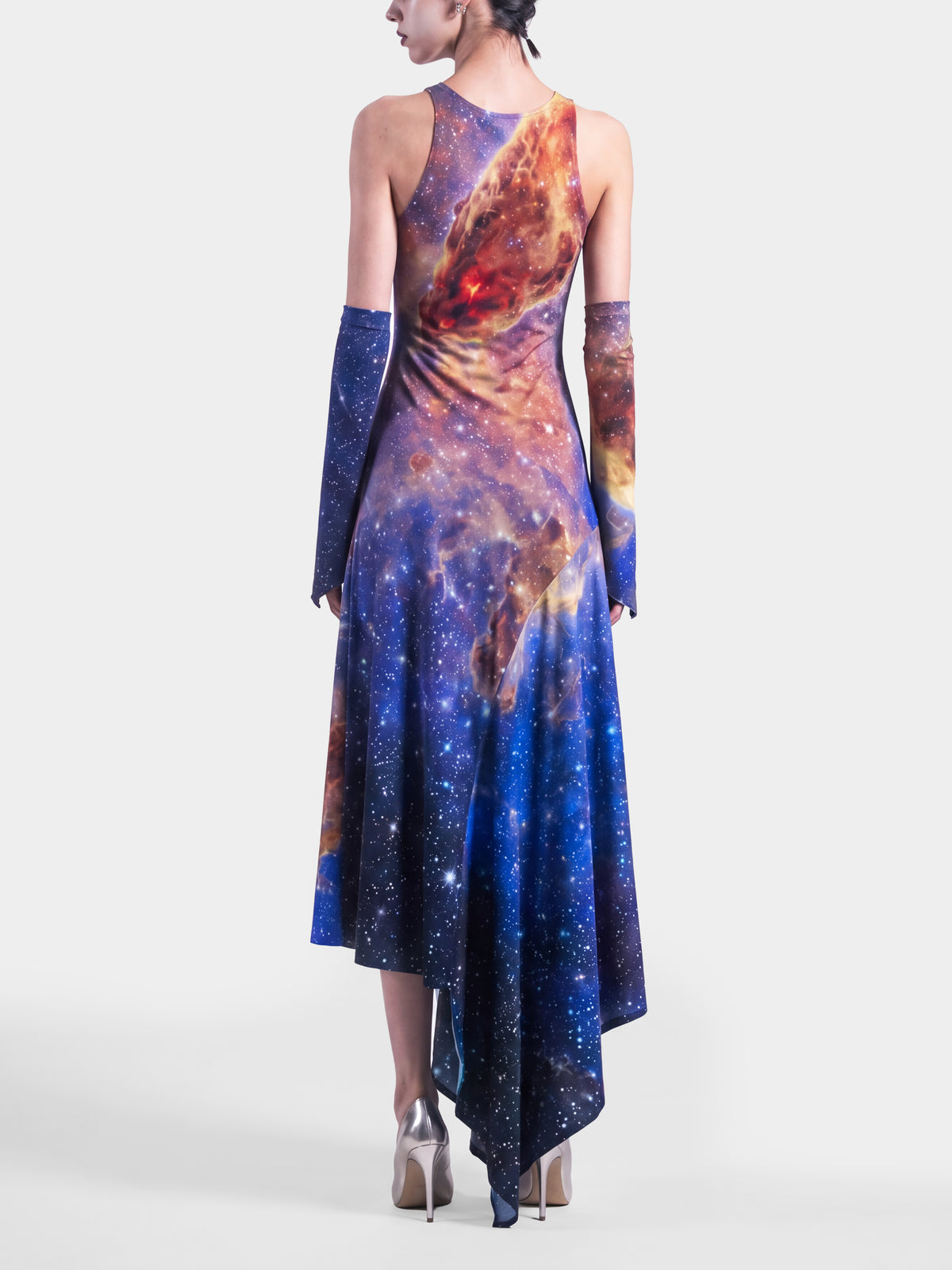 Galaxy Dress by Irina Voinea, printed stretch dress with asymmetric flounce, studio image 3