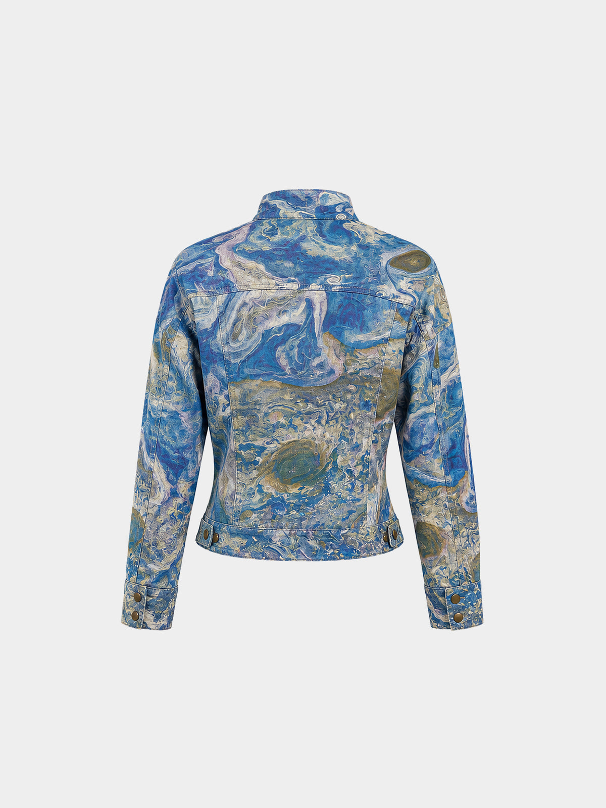 Jupiter Denim Jacket by Irina Voinea, fitted cotton denim jacket with oversized shoulders and Jupiter print, studio image 1